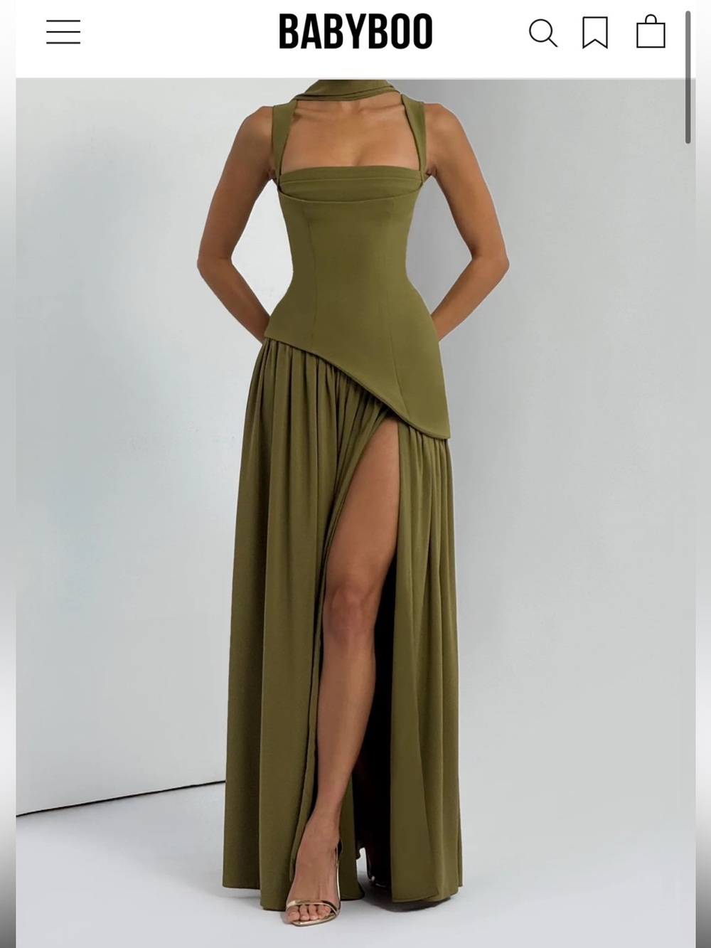 BABYBOO Olive Green Maxi Skirt with High Slit and Draped Waist